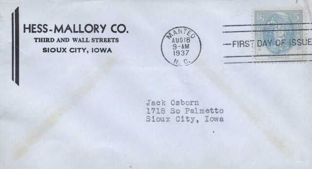 U.S. Scott #796-CC5d - Hess-Mallory Co., Siousx City, IA (corner card)