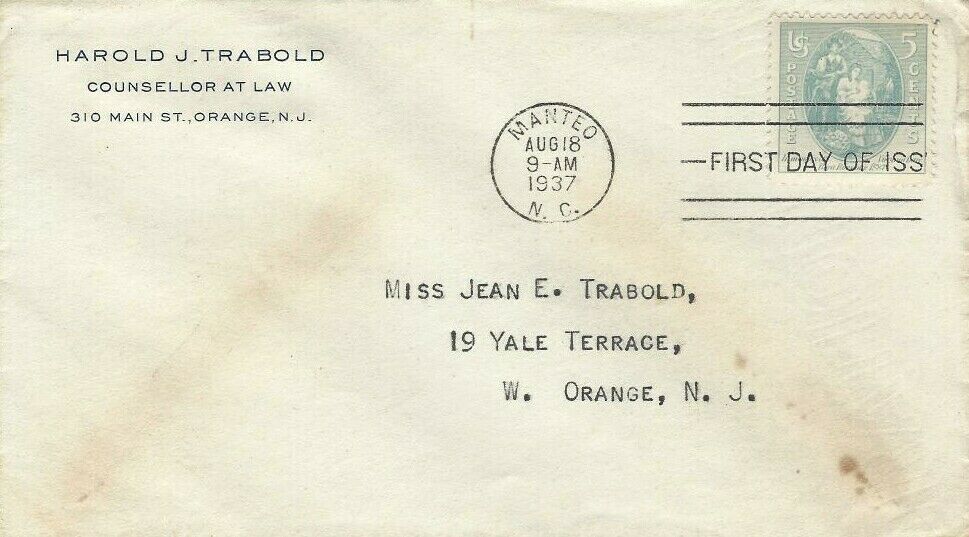 U.S. Scott #796-CC5g-NIP - Harold J. Trabold, Orange, NJ (corner card)