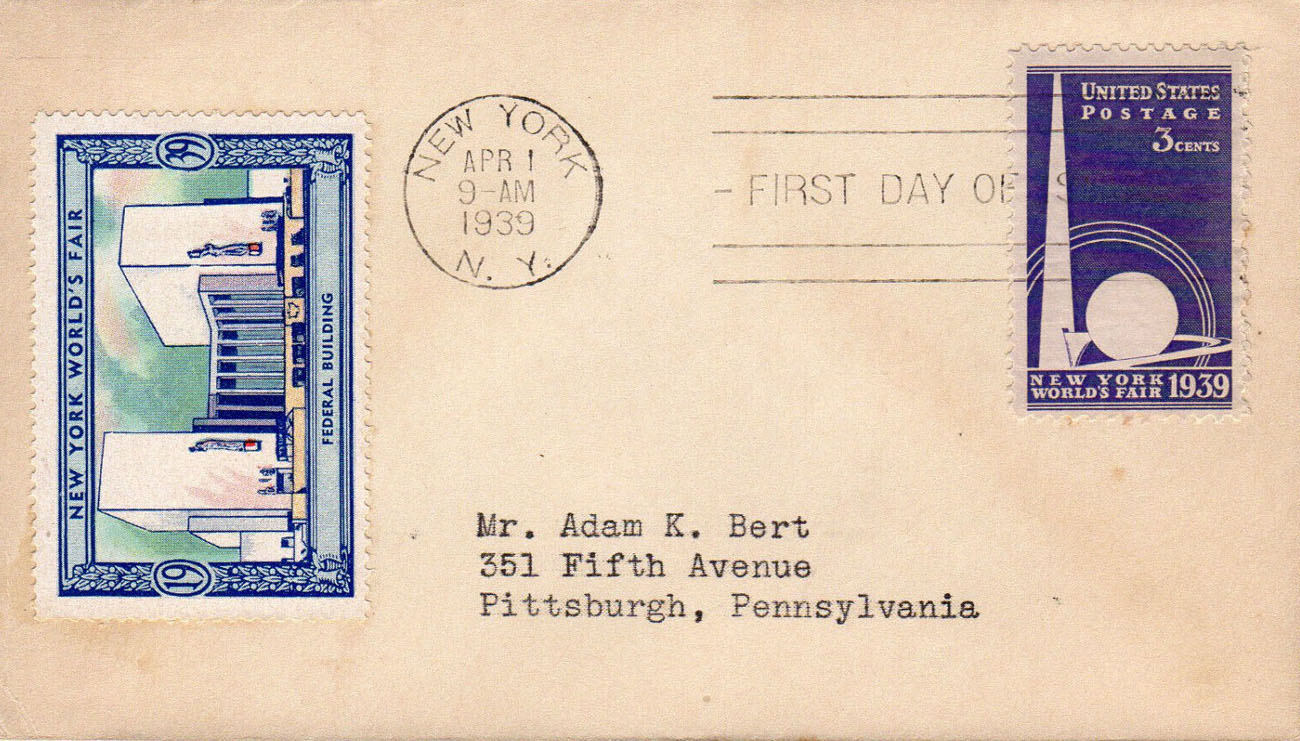 U.S. Scott #853 FDC's by Adam K. Bert with 1939 NY World's Fair Poster Stamp #1-4