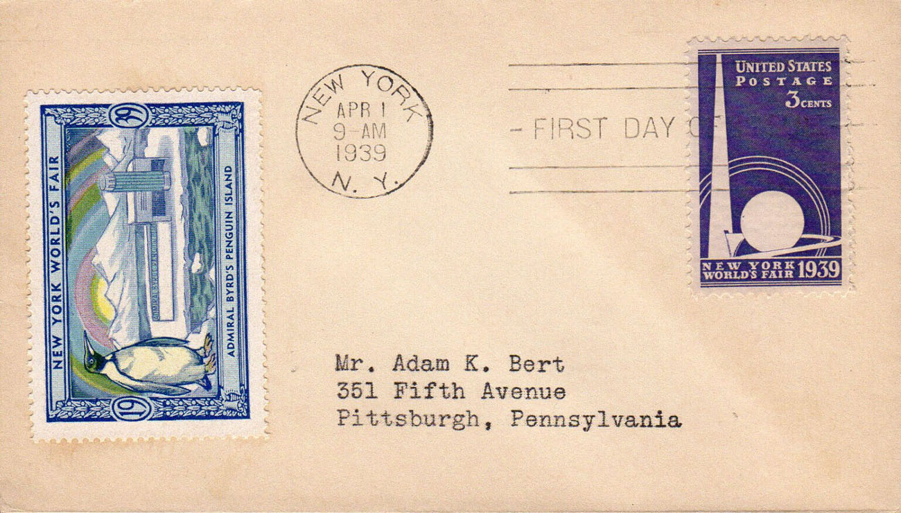 U.S. Scott #853 FDC's by Adam K. Bert with 1939 NY World's Fair Poster Stamp #5-6