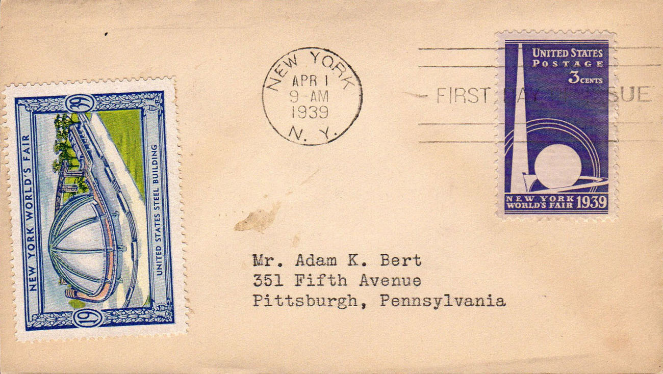 U.S. Scott #853 FDC's by Adam K. Bert with 1939 NY World's Fair Poster Stamp #6-5