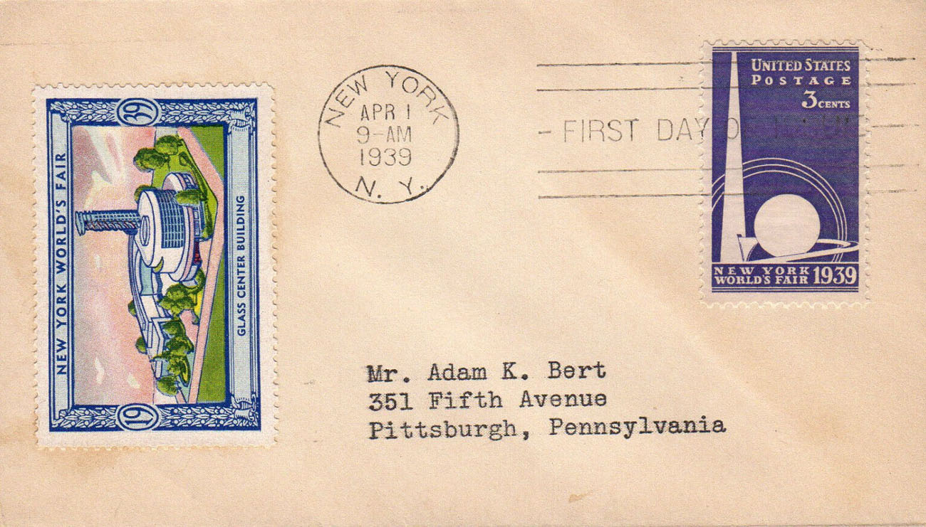 U.S. Scott #853 FDC's by Adam K. Bert with 1939 NY World's Fair Poster Stamp #7-4