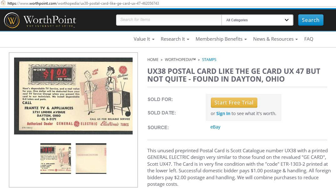 U.S. Scott UX47/S64 - Worthpoint sales ad for this card U.S. Scott UX47/S64 - Worthpoint sales ad for this card